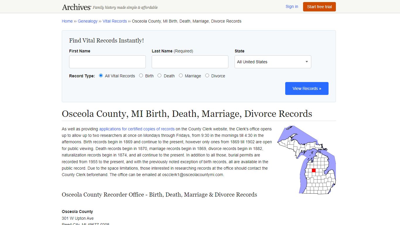 Osceola County, MI Birth, Death, Marriage, Divorce Records